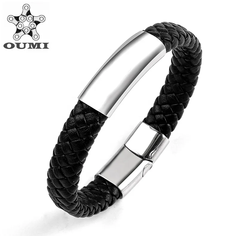 OUMI Classic Style  Braided Leather Bracelet Wristband With Stainless Steel Clasp For Womens&Mens