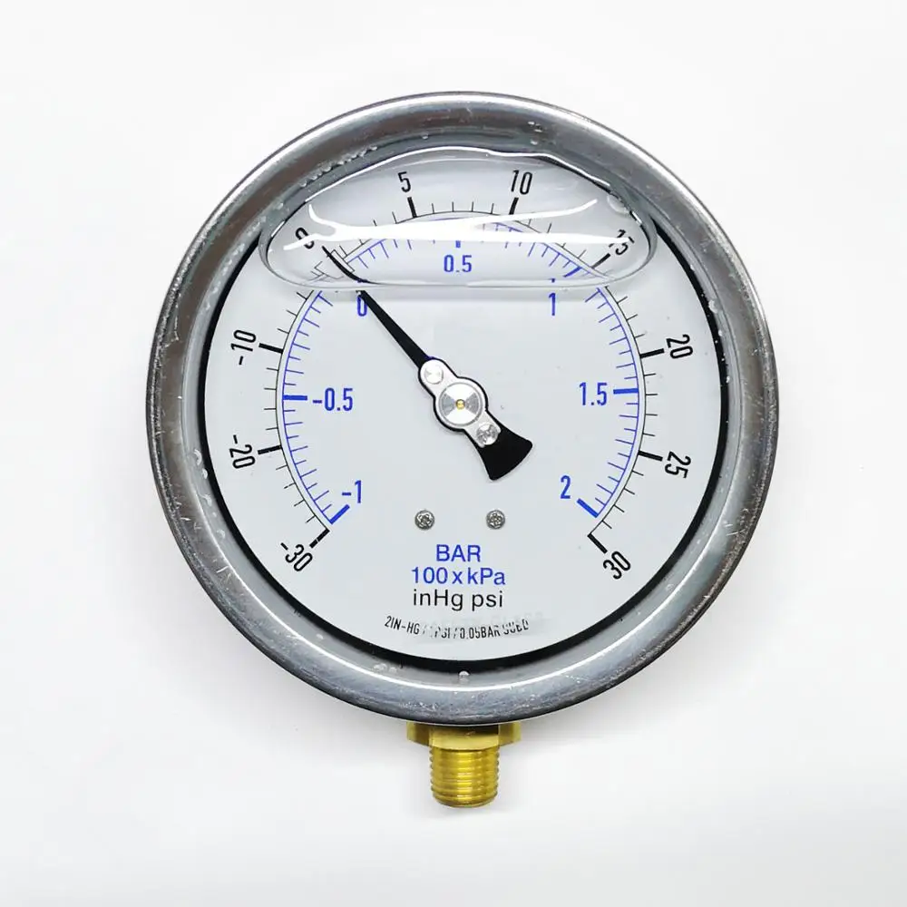 -1~0~2BAR/30PSI Y100 316/304 Safe Glass Good  Cheap Price All Stainless Steel Liquid Water Filled Pressure Vacuum Gauge Meter