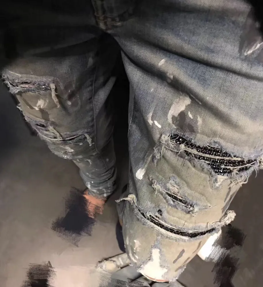 2019 wholesale custom g string spray jersey with jeans skinny ripped with rhinestone mens denim jeans pants men hecho en china
