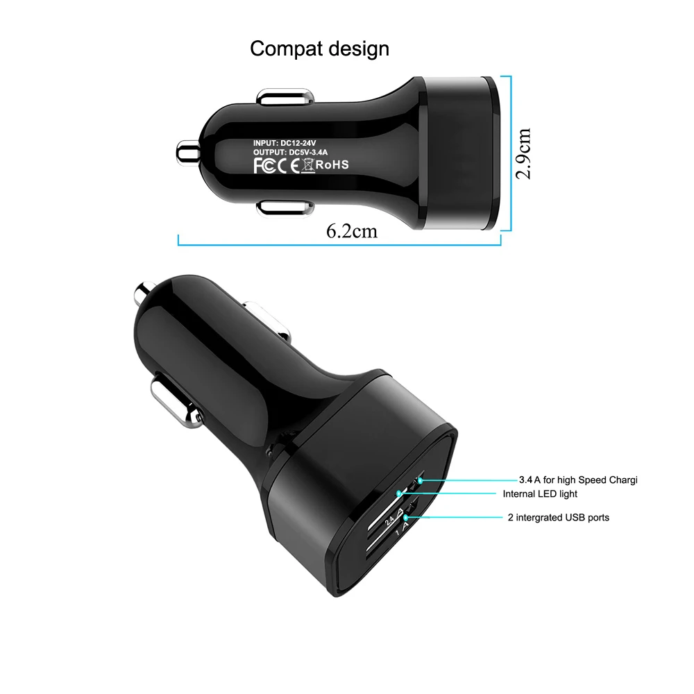 5V 3.4A Fast Charge Dual USB Car Chargers, 2019 Classic Design Duo Ports Portable Mobile Car Charger Quick Charge