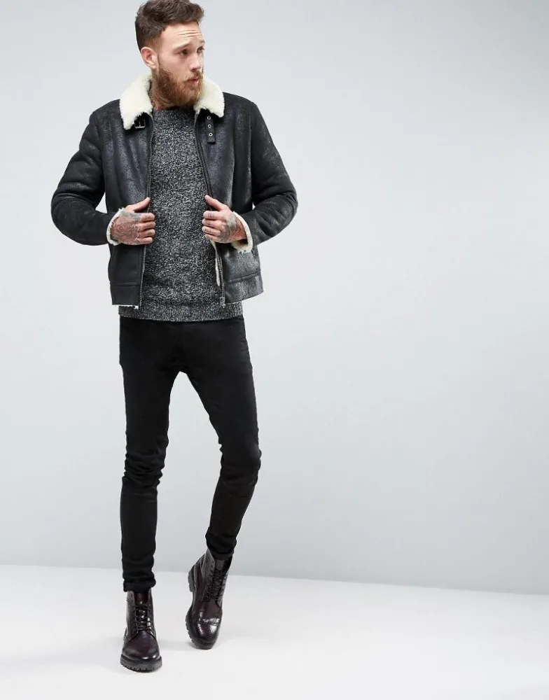 Heavy Weight Faux Shearling Men Suede Leather jacket Black Winter Jacket