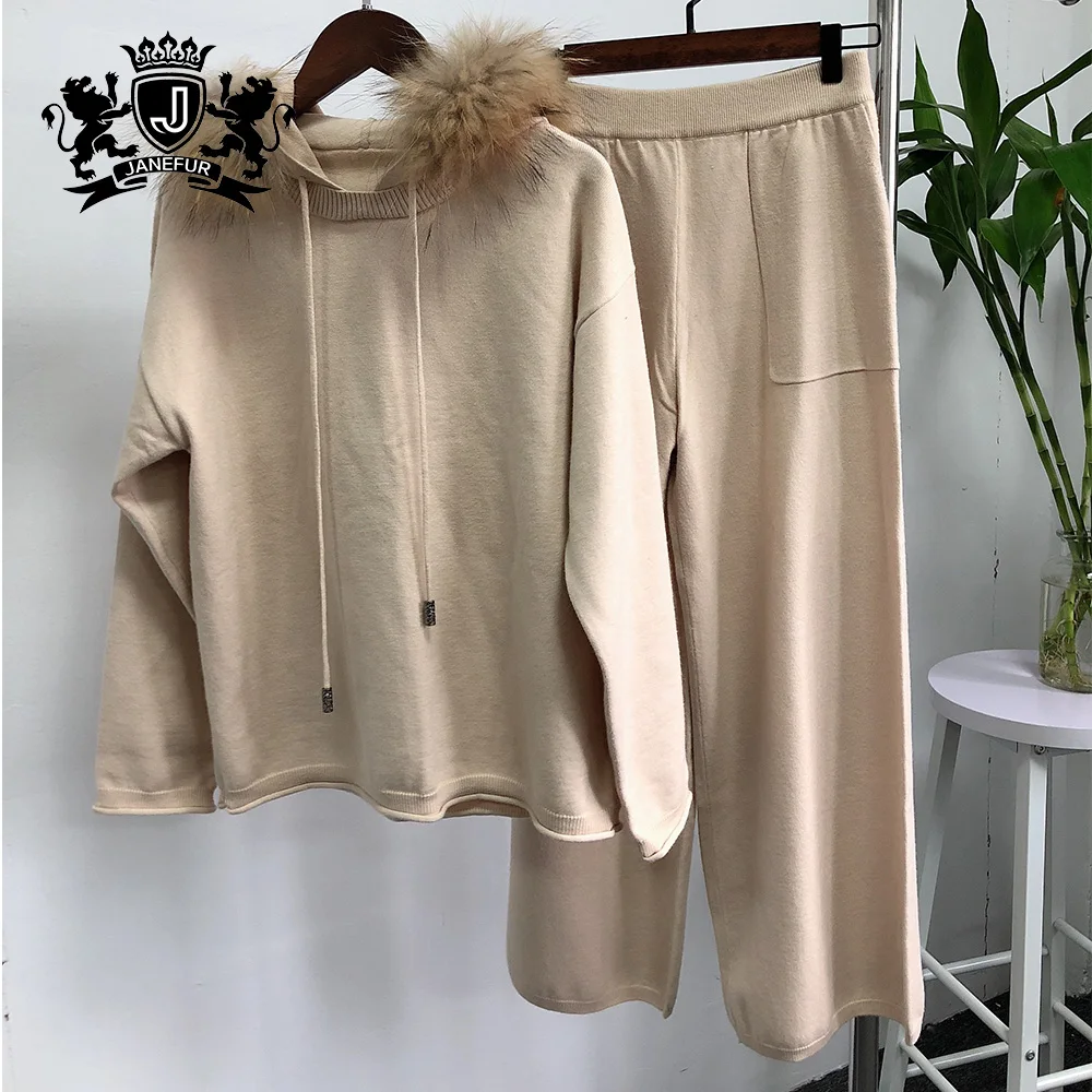 Cashmere suite fashion casual pullover with raccoon fur clothes women knitted wool sweater suite