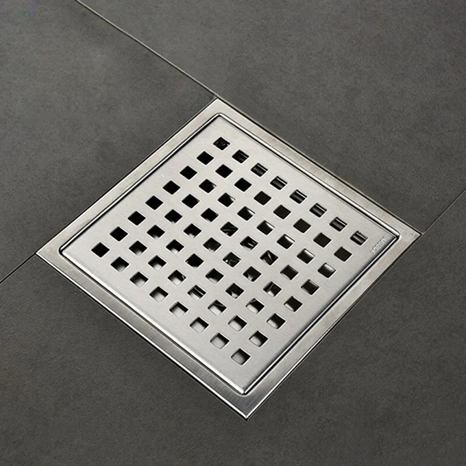 6-Inch Square Shower Floor Drain with Removable Cover Grid Grate SUS 304 Stainless Steel