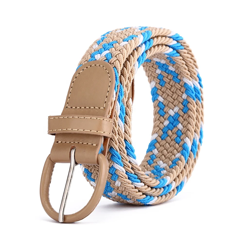 Braided Woven Elastic Stretch Belt With Matching Leather Covered Buckle