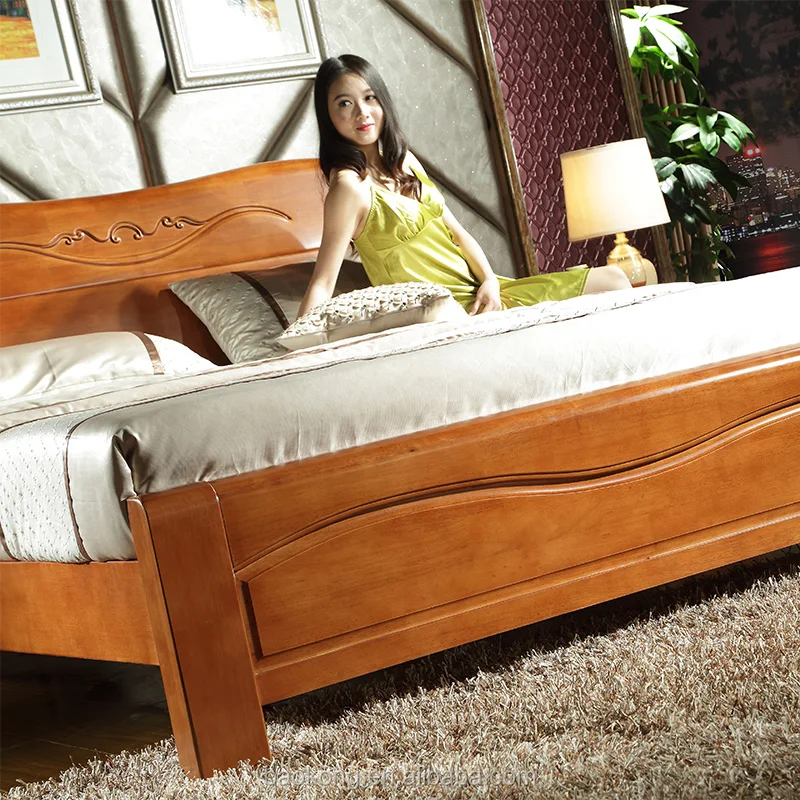 Wholesale Cheap Rubber Wood Carved Double Plank Bed