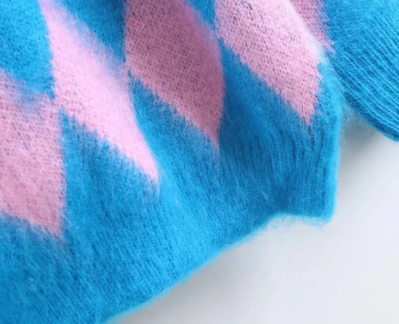 Custom Pullover v neck modern printed pattern mohair long sleeve knitted mink lady knitwear long sweater jumper