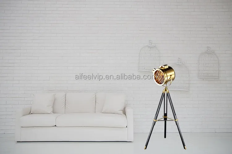 Industrial vintage brass natural wood tripod stand copper floor lamp for living room
