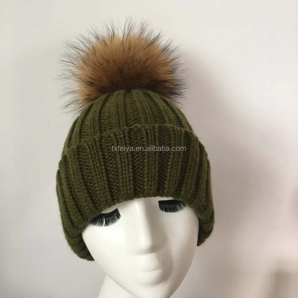Winter Raccoon Fur Pompom Knit Hat for Women Fur Pom Pom Beanies Hats