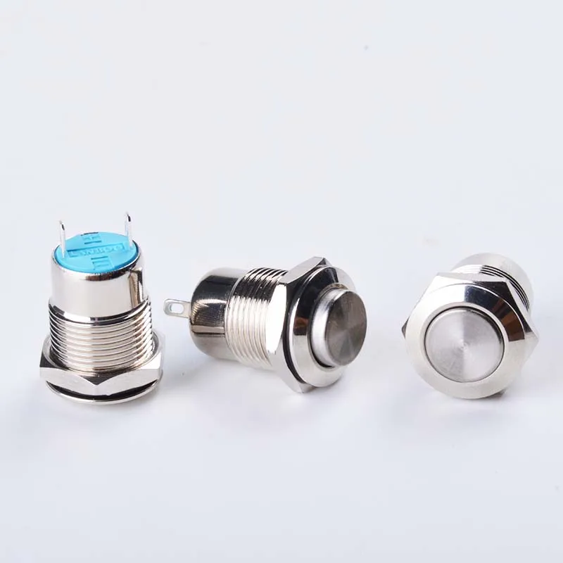12MM Metal Stainless Stain Switch Latching Power Push Button Flat High Head 1NO momentary latching type 2PIN Car System Home use