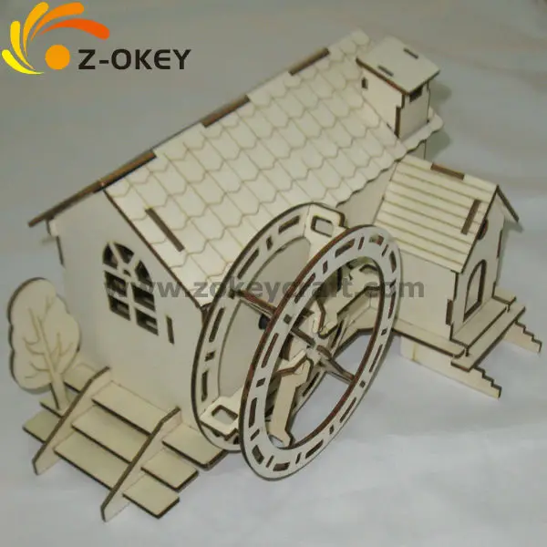 
Personalized design 3D plywood puzzles for assembling a small house with windmill 