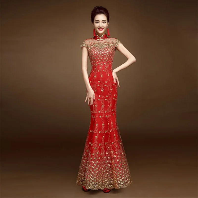 
fashion Chinese ladies elegant evening party sequin embroidered peacock fish tail wedding cheongsam qipao 