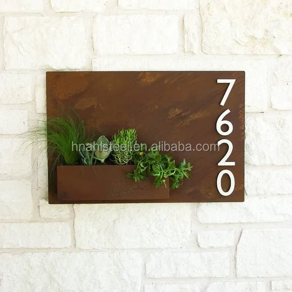 Unique corten steel metal wall mounted flower pot with modern address number plaque