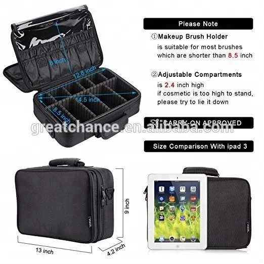 
3 Layers Waterproof Makeup Bag Travel Cosmetic Case Brush Holder with Adjustable Divider- soft cosmetic case supplier 