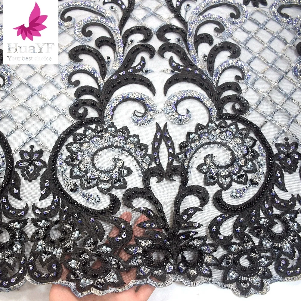 New product 2019 black sequins tulle beaded lace fabric african dresses embroidery designs for women  HY1000-4