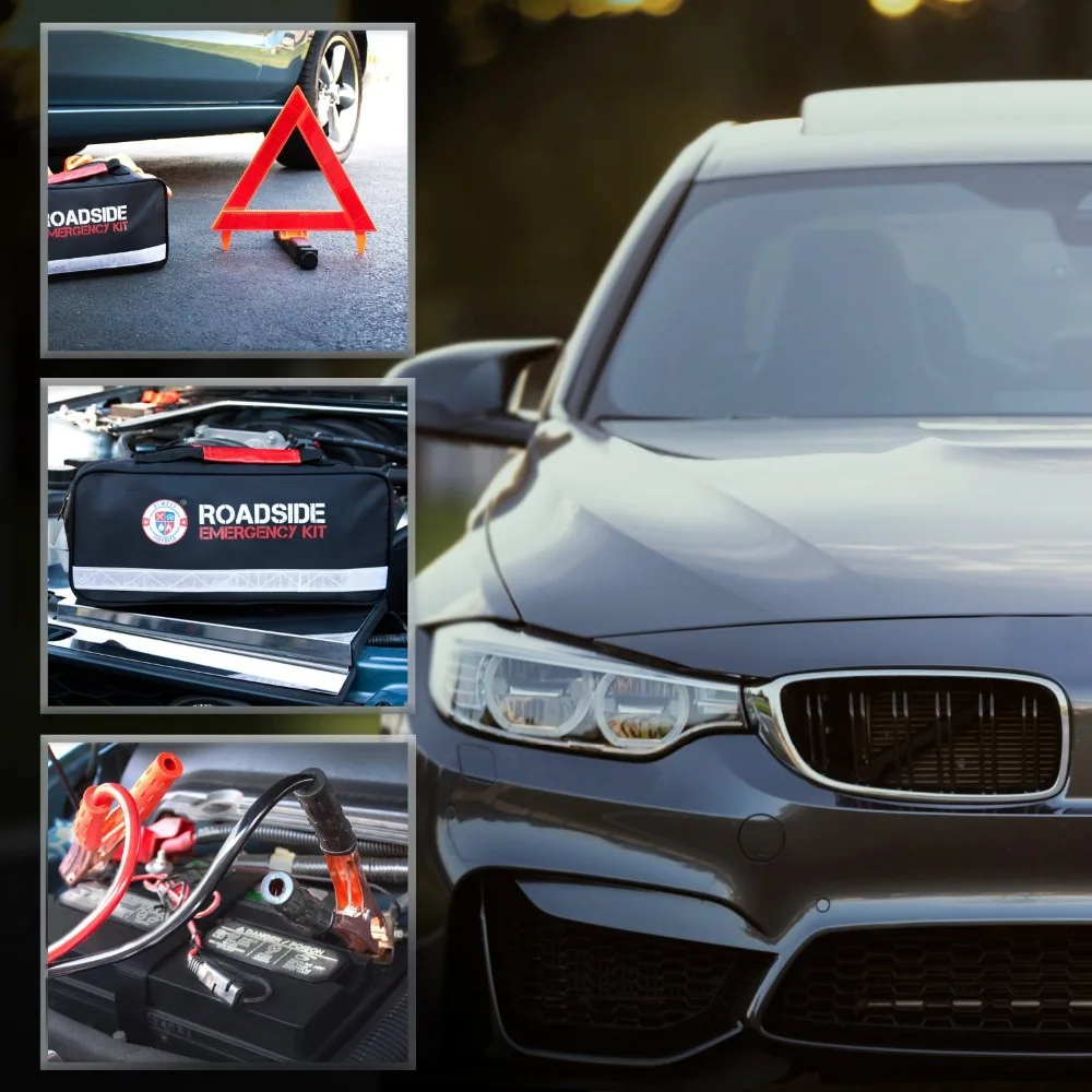 Roadside Assistance Car Emergency Kit + First Aid Kit Rugged Tool Bag Contains Jumper Cables, tools, Reflective Safety Triangle