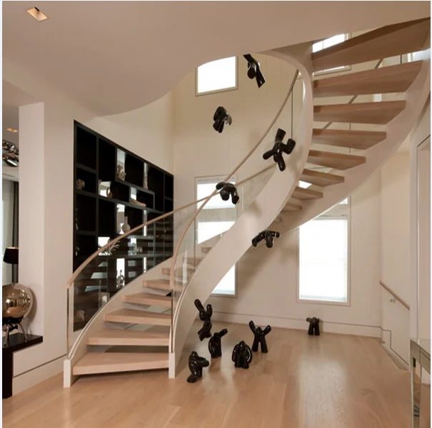 Indoor customized carved wood treads curved staircase with stainless steel railing