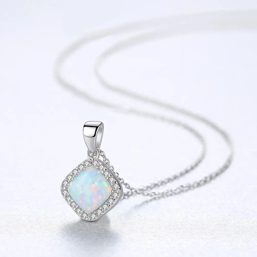 CZCITY Square Custom Diamond Chain Pendant Jewelry Dainty 925 Silver Good Quality Opal Necklace