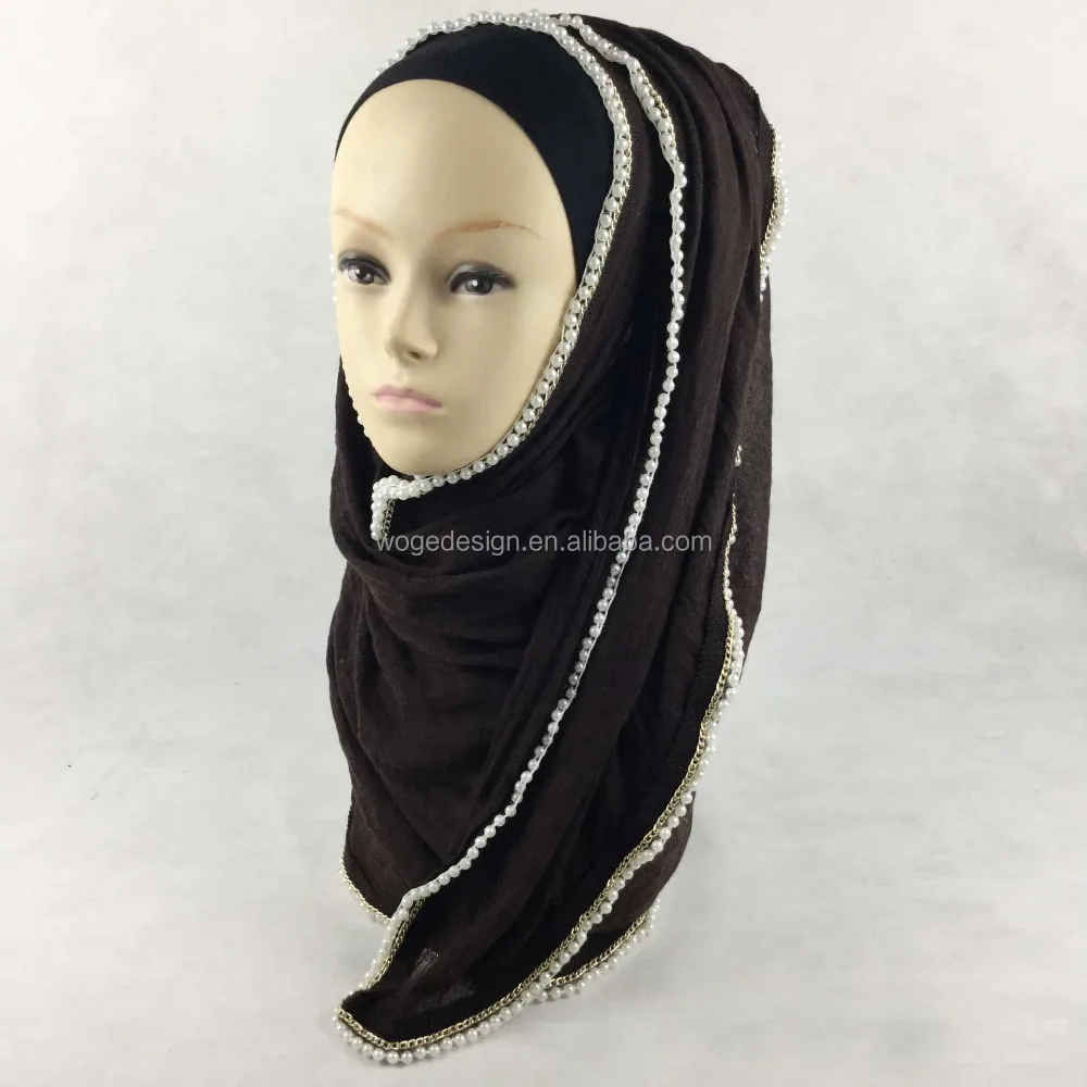 Премиум Уникальный роскошный мусульманский хиджаб с бусинами обычный однотонный хлопковый шарф жемчужной цепочкой оптовая продажа (60761683419)