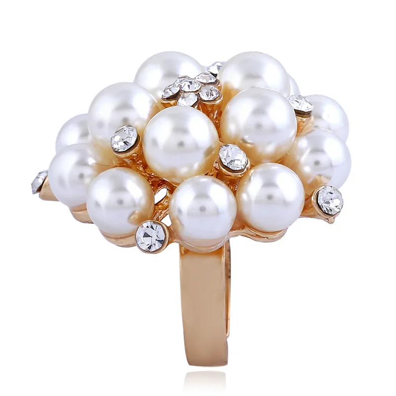 
Pearl & Rhinestone Cluster Gold Tone Ring Adjustable Size Ring For Women 