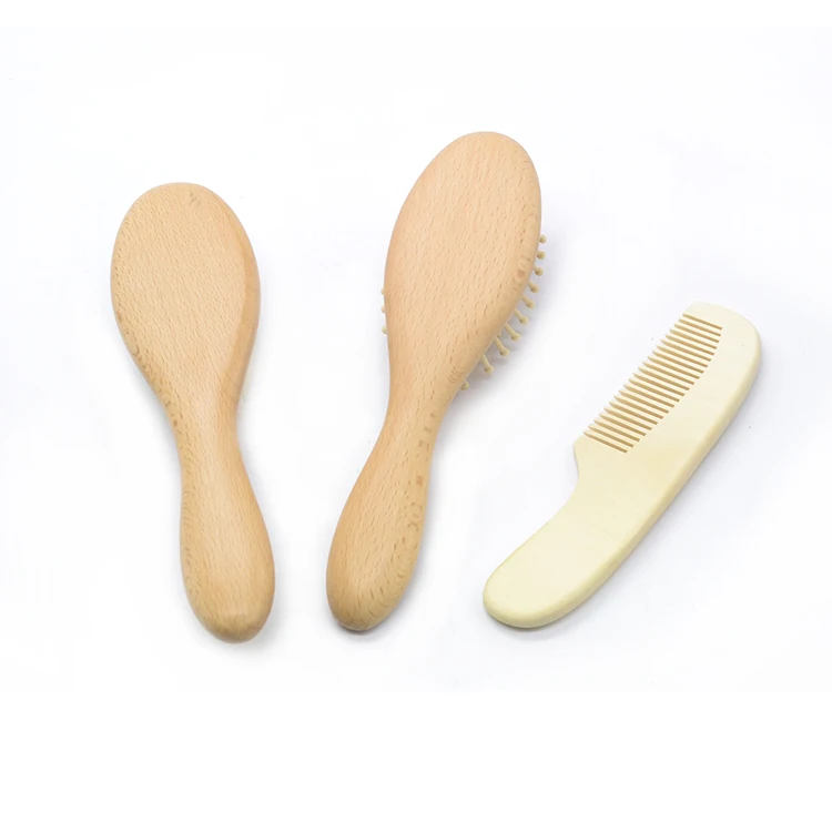 Factory Custom 100% Natural Wood Beech Newborn Baby Hair Soft Fleece Brush Comb Set