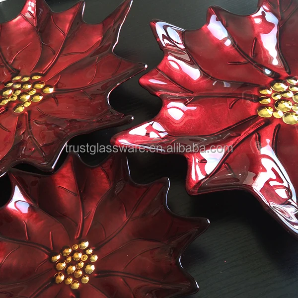 New Fashion Wholesale Decoration High Quality Red Maple Leaf Shaped Glass Plate