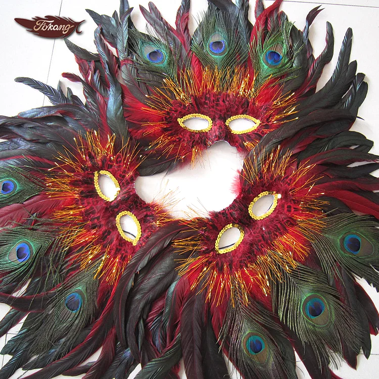 Large Size Red Rooster Tail Feather Carnival Mask With Peacock Feather Decoration