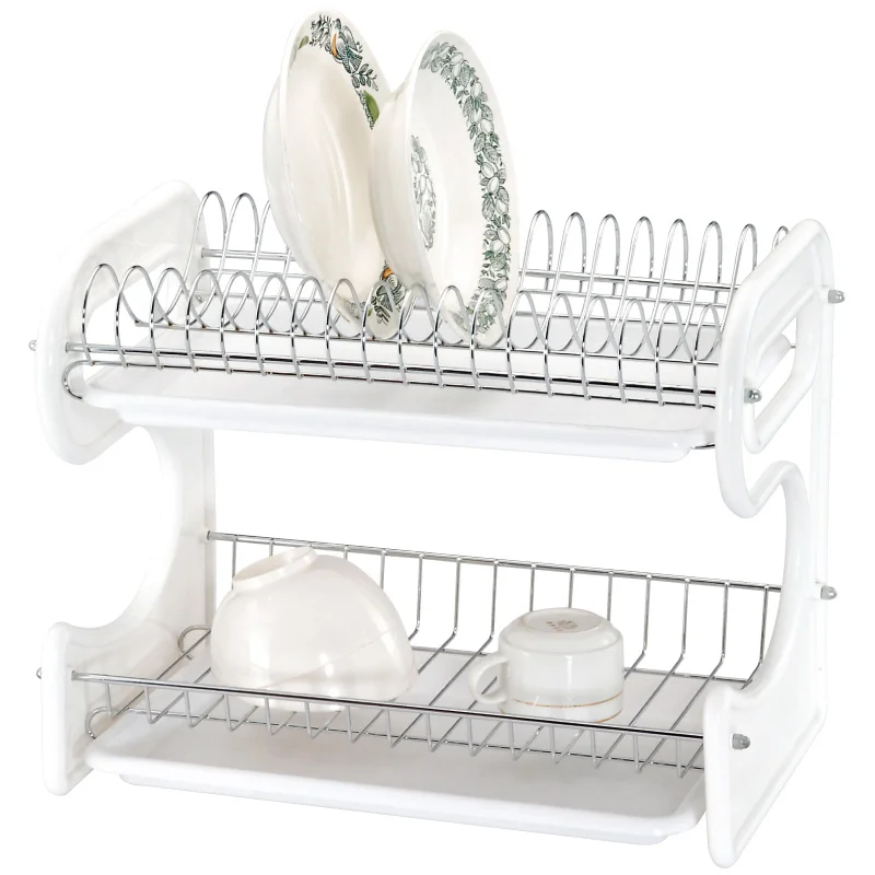 2 Tier Kitchen Dish Rack Dryer Organizer Counter Iron Metal Wire Stainless Steel Drainer Plate Storage Cup Rack with PP Tray