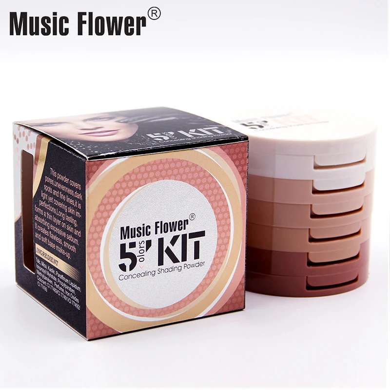 Original Music Flower 24 Hours Longlasting Waterproof Makeup 5 in 1 Concealing Shading Compact Press Powder With Mirror & Puff