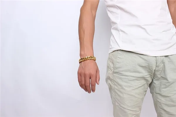 Мужской тяжелый браслет-цепочка из нержавеющей стали с позолотой 18 карат