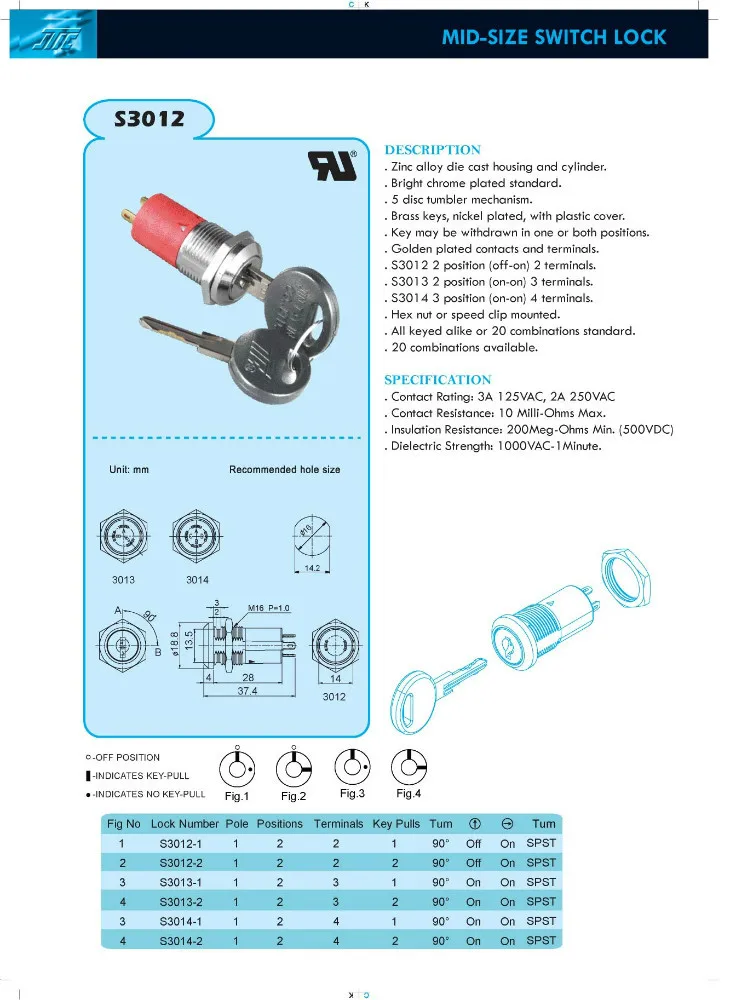 Mid Size Electrical ON ON SPST Key Switch Lock