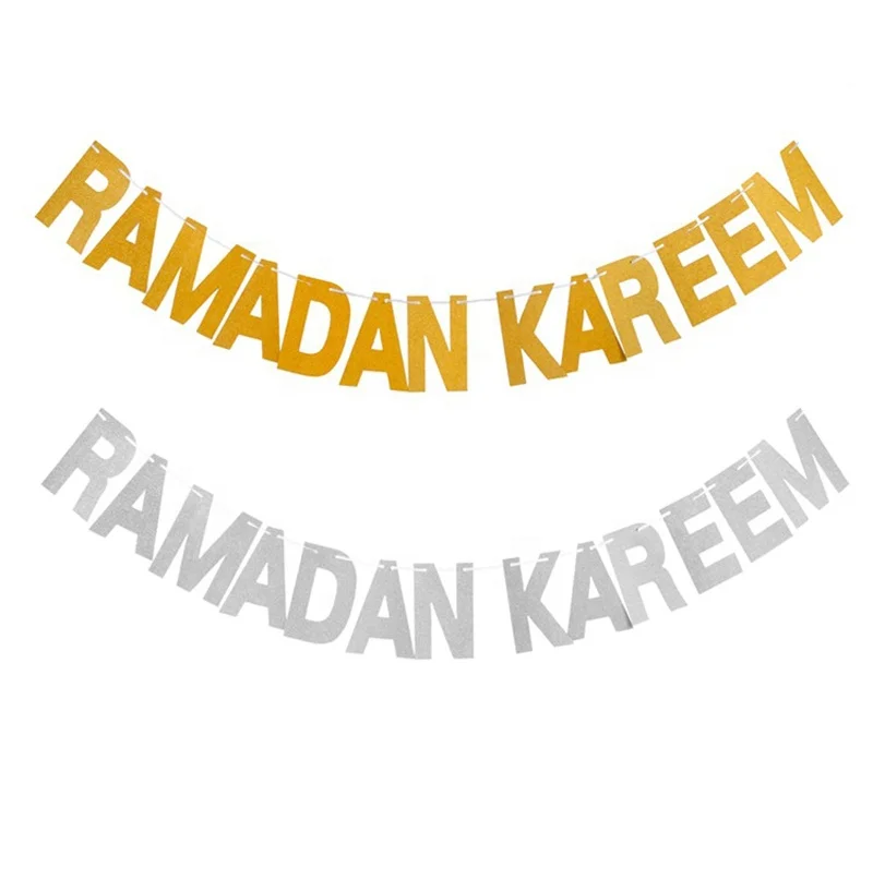 EID Party Decoration Islamic Muslim Festival Decor Glitter Paper Garland Bunting Ramadan Mubarak Sign Gold Silver EID Banner