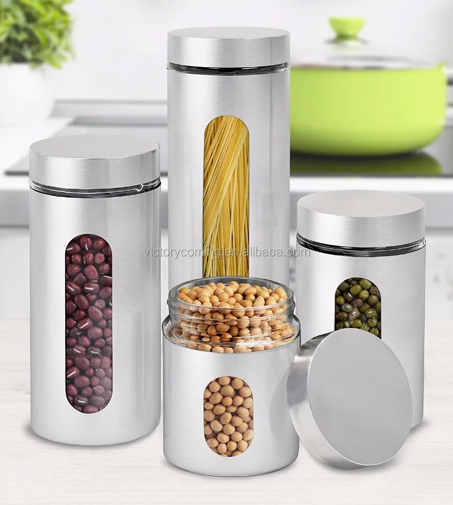 4 Piece Brushed Stainless Steel and Glass Canisters with Window Silver