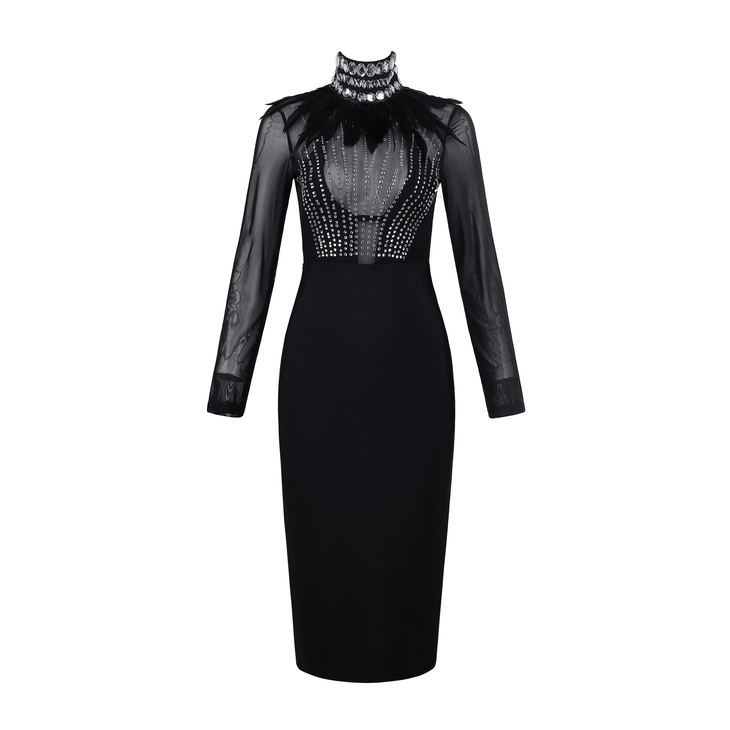 Модное Элегантное прозрачное вечернее женское платье со стразами и высоким воротником платье миди с длинным рукавом и перьями