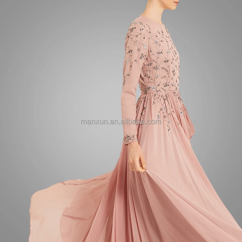 Ladies Dusty Pink And Silver Maxi Dress Women Soft Crepe Long Sleeves Bridesmaid Prom Dress
