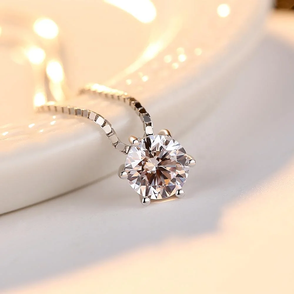 CZCITY Classic White Gold Plated Six Claws Cubic Zirconia 925 Sterling Silver CZ Diamond Pendant Necklace for Women Jewelry Gift