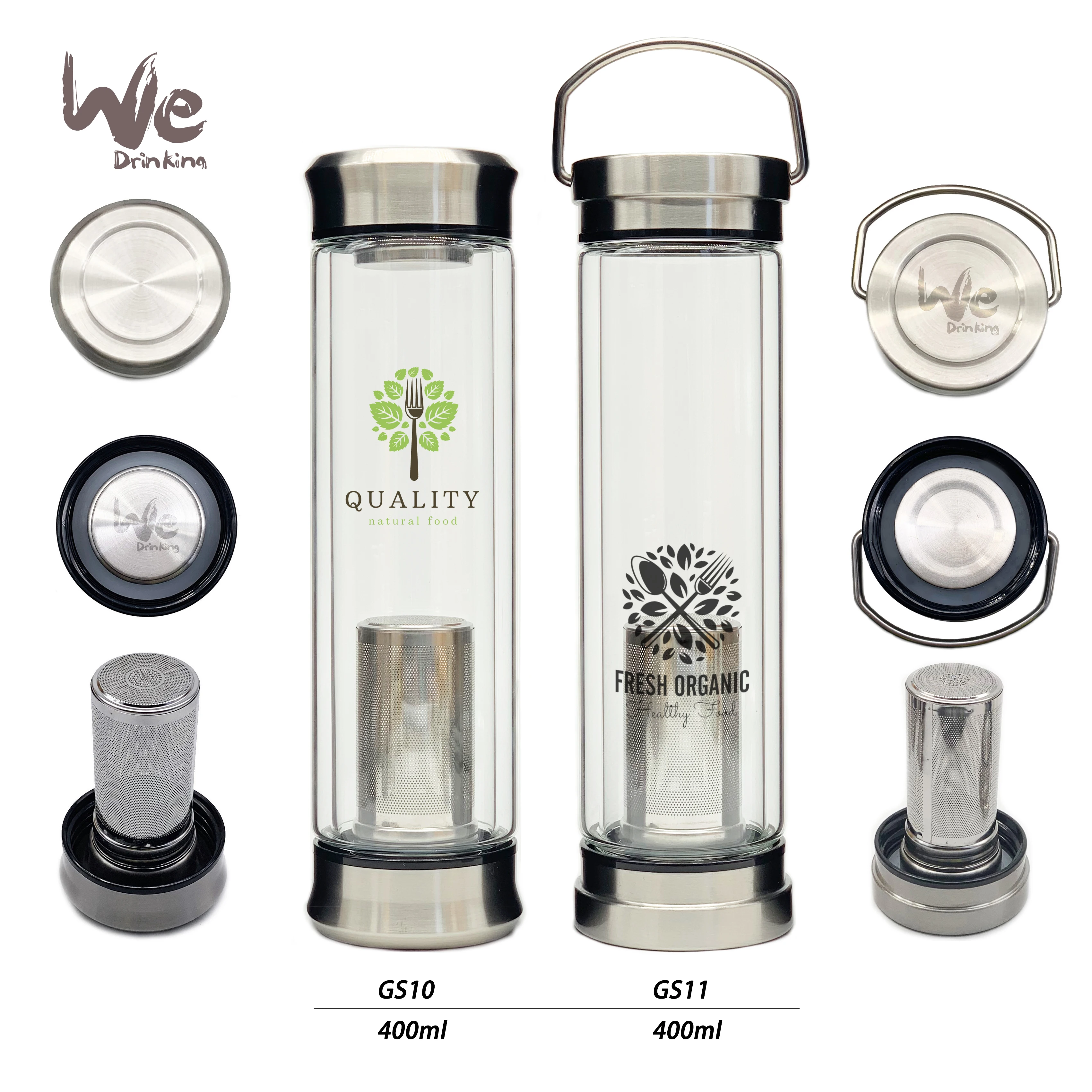 
GS10 400ml Glass Tea Infuser Travel Mug with Strainer and 2 Steel Lids for Loose Leaf Tea Matcha Fruit and Cold Brew Coffee 