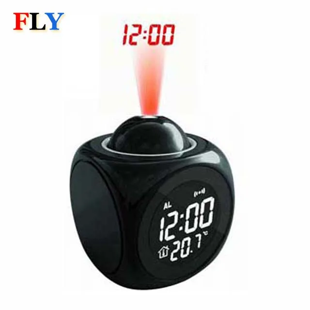 Funny EN ES Languages LCD display time 180 degree rotate talking projection alarm clock
