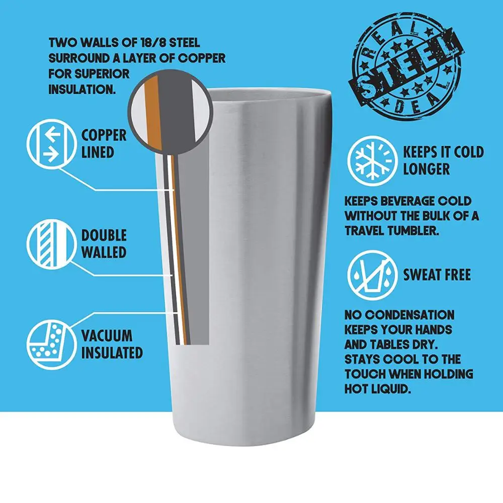 16oz Stainless Steel Pint Glasses Double Wall Vacuum Insulated Metal Cups to Keep Drinks Cold or Hot Sweat Free Beer Tumbler