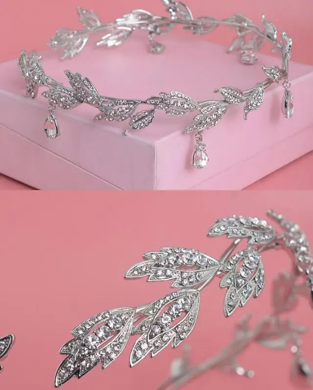 WIIPUCrystal Crown Bridal Hair Accessory Wedding Rhinestone Waterdrop Leaf Tiara Crown Headband Frontlet Bridesmaid Hair Jewelry