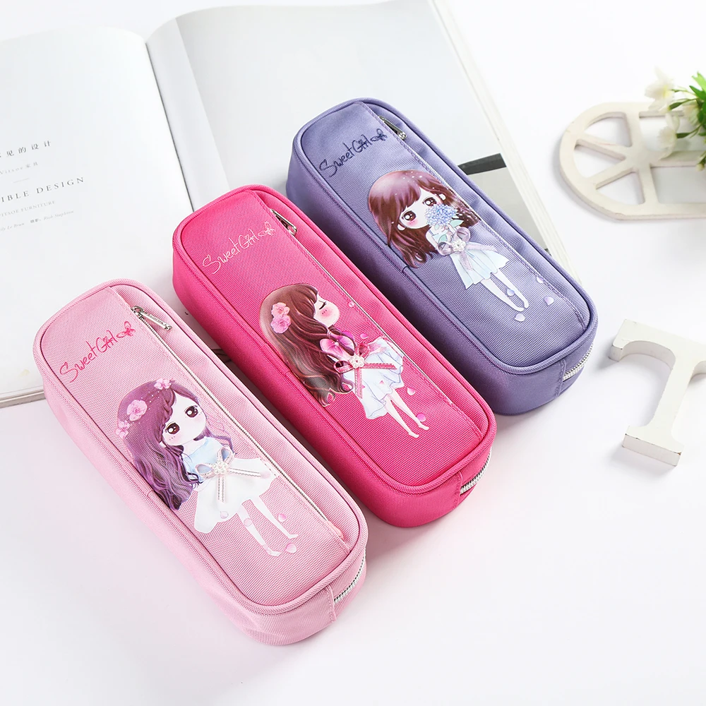 TOPSTHINK Cute girl Creative large pencil pouch 2 zippers pencil bag for kids