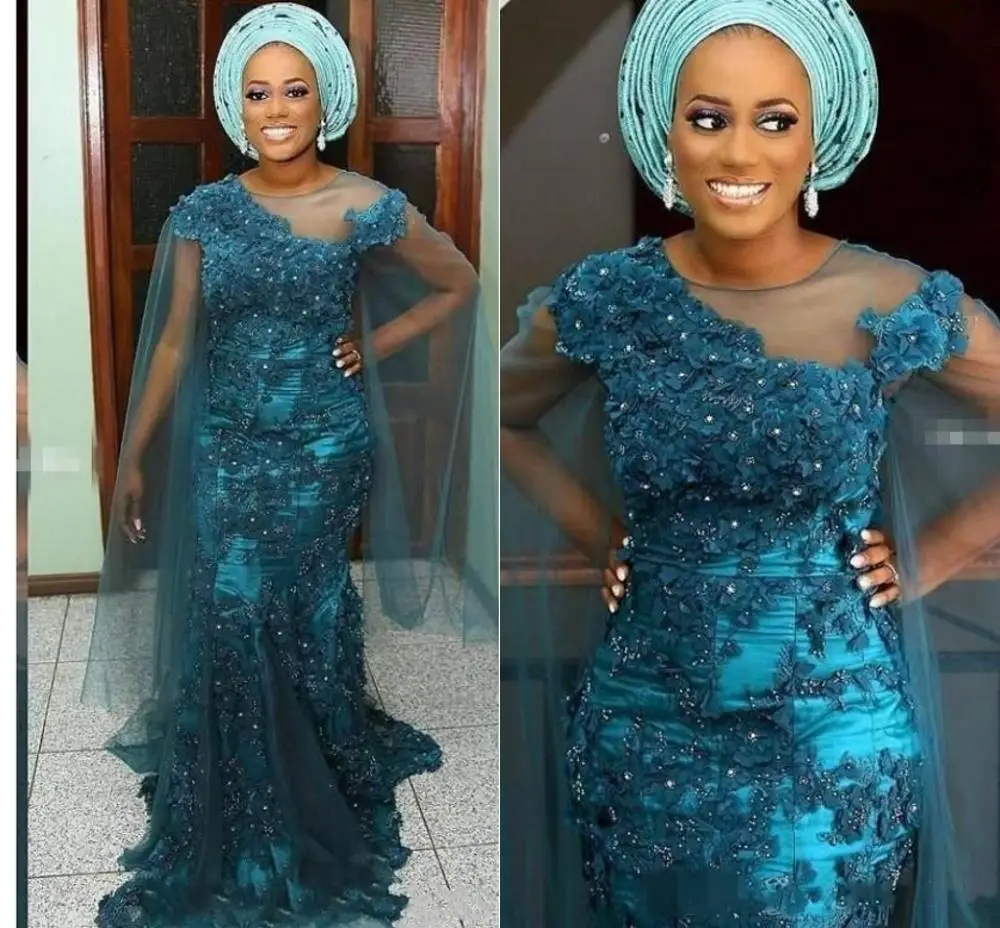 African Prom Dress With Sheer Neck Appliques Bead Mermaid Evening Gowns Formal Party Dresses Women Wear