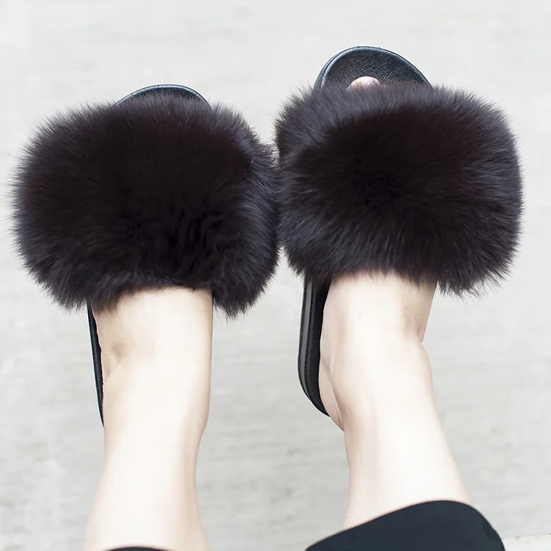 CX-A-70B Factory Wholesale Long Hair and Soft Real Fox Fur Slides for Women