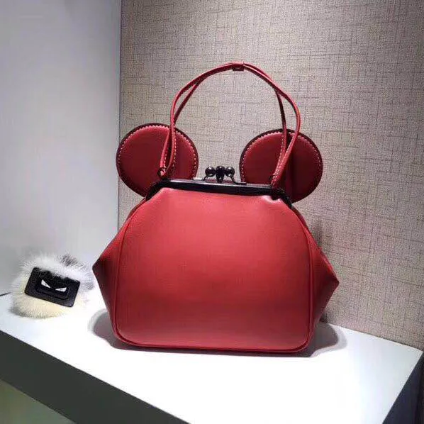 Mickey Ear Clamp Bag Girl Shoulder Bag Handbag Cartoon Lovely Genuine Leather Bag
