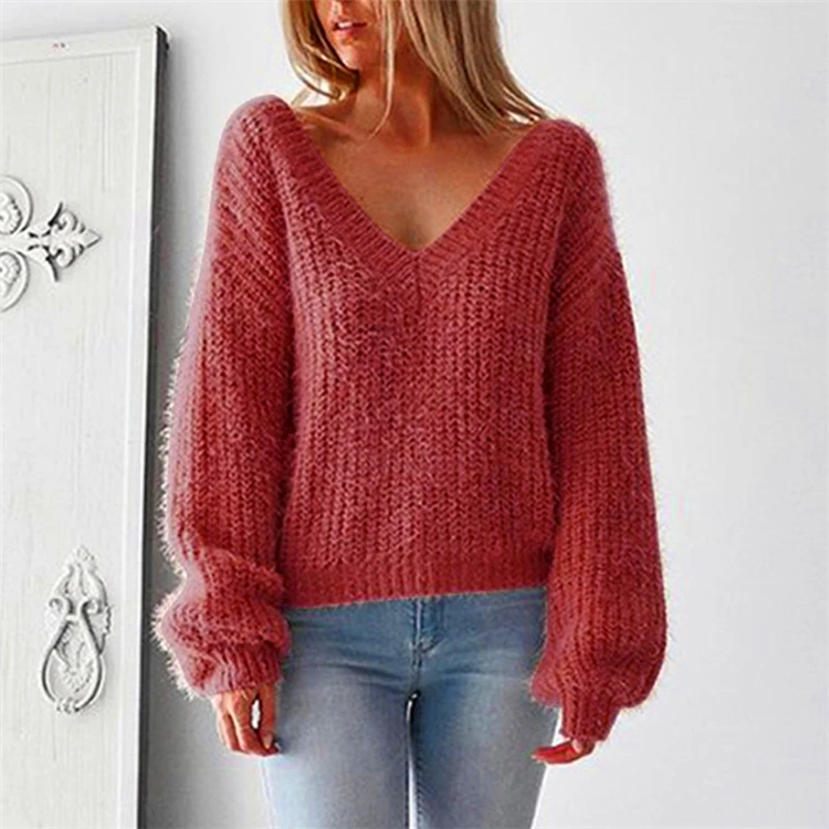 Осенне-зимняя женская одежда с глубоким v-образным вырезом и открытой спиной с однотонным свитером