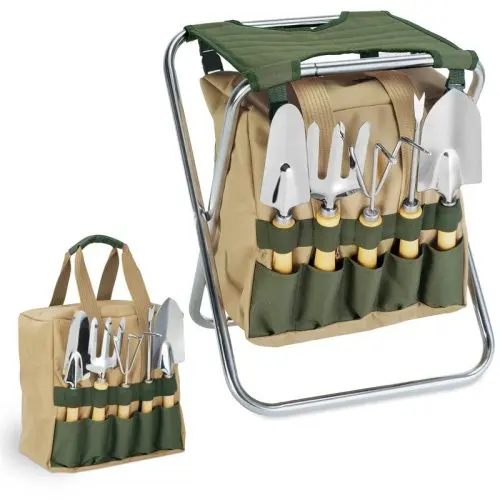 5-Pieces Garden Tool Set With Tote And Folding Seat folding garden stool home garden tools