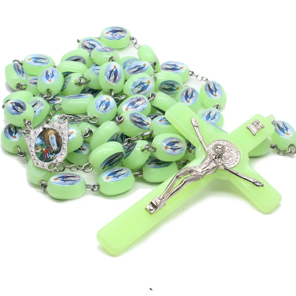 huge plastic Luminous wall rosary cross pendant necklace glow in the dark double sides with our lady of Grace