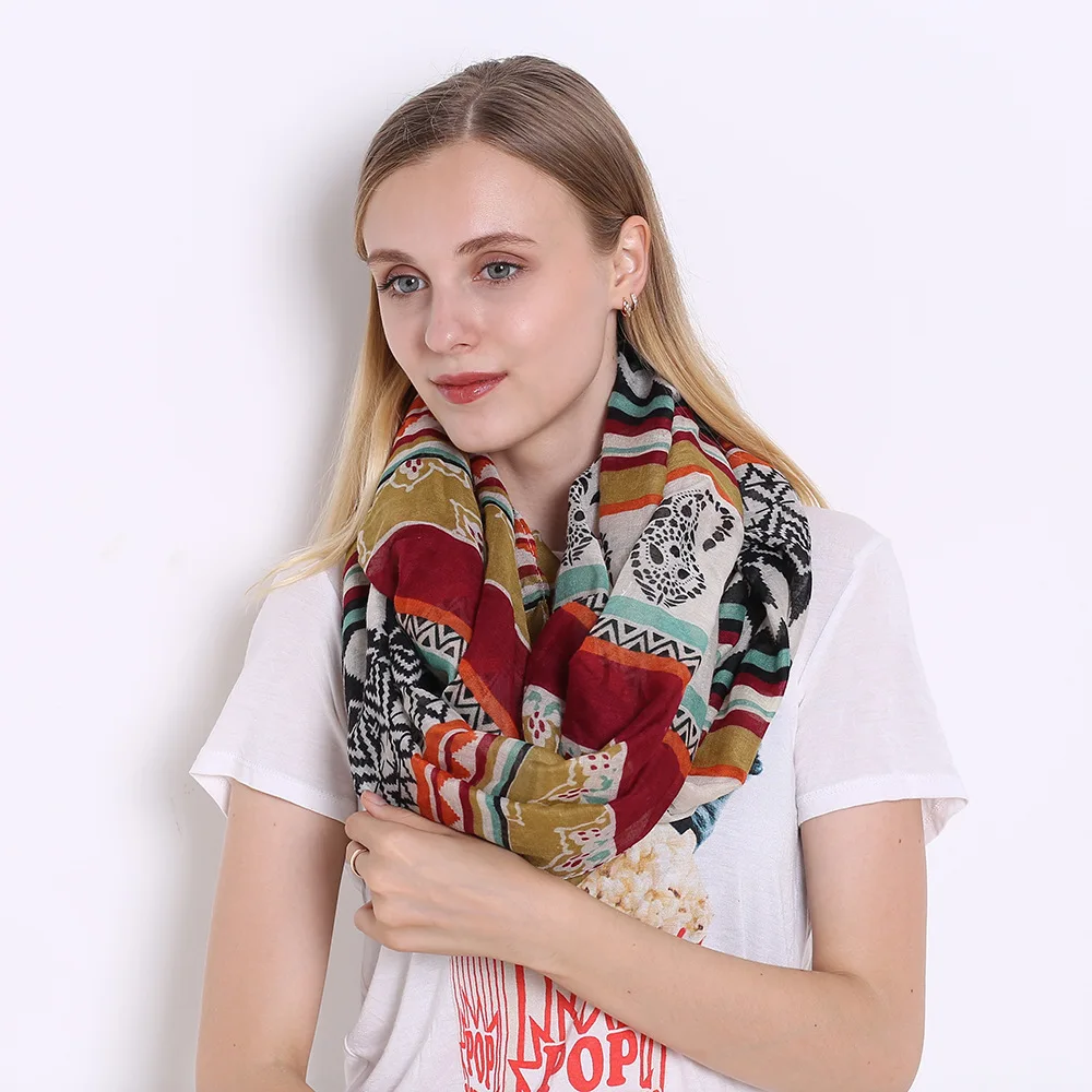 Cenrui Womens Double Hidden Zipper Pocket Infinity Loop Scarf Boho Style Floral Striped Printed Contrast Color Wrap Shawl