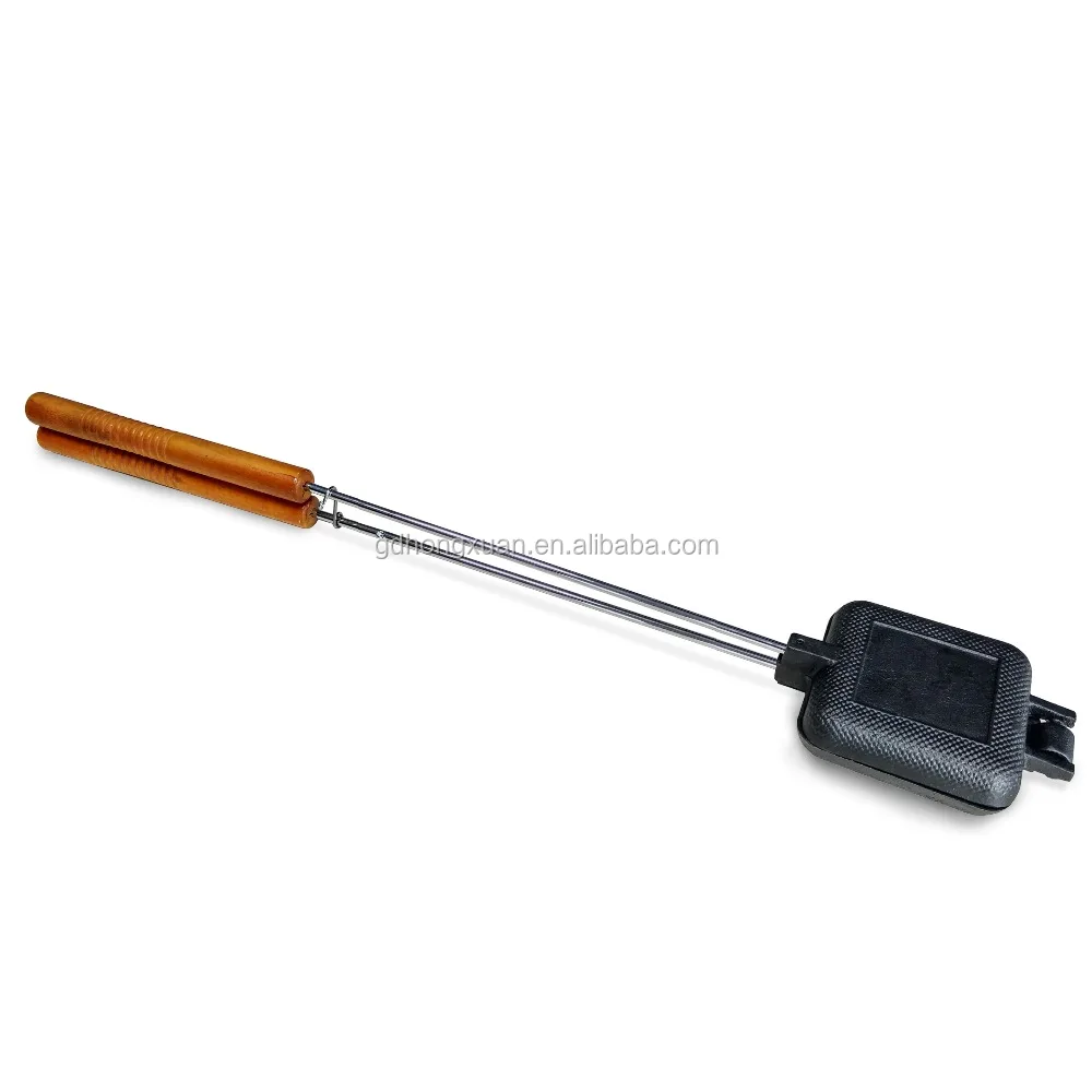 Heavy duty cast iron square pie iron grill sandwich maker long extended wood handle for camping cooking
