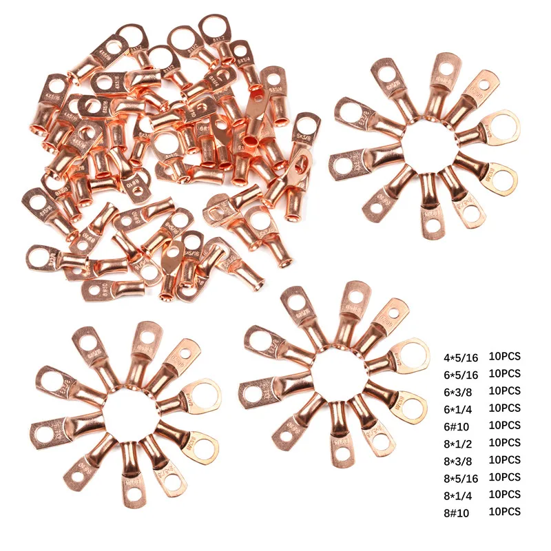 100 шт. болтовое отверстие, медные наконечники для кабеля из луженой меди, набор клемм для аккумулятора, кабельные наконечники с неизолированным кольцом