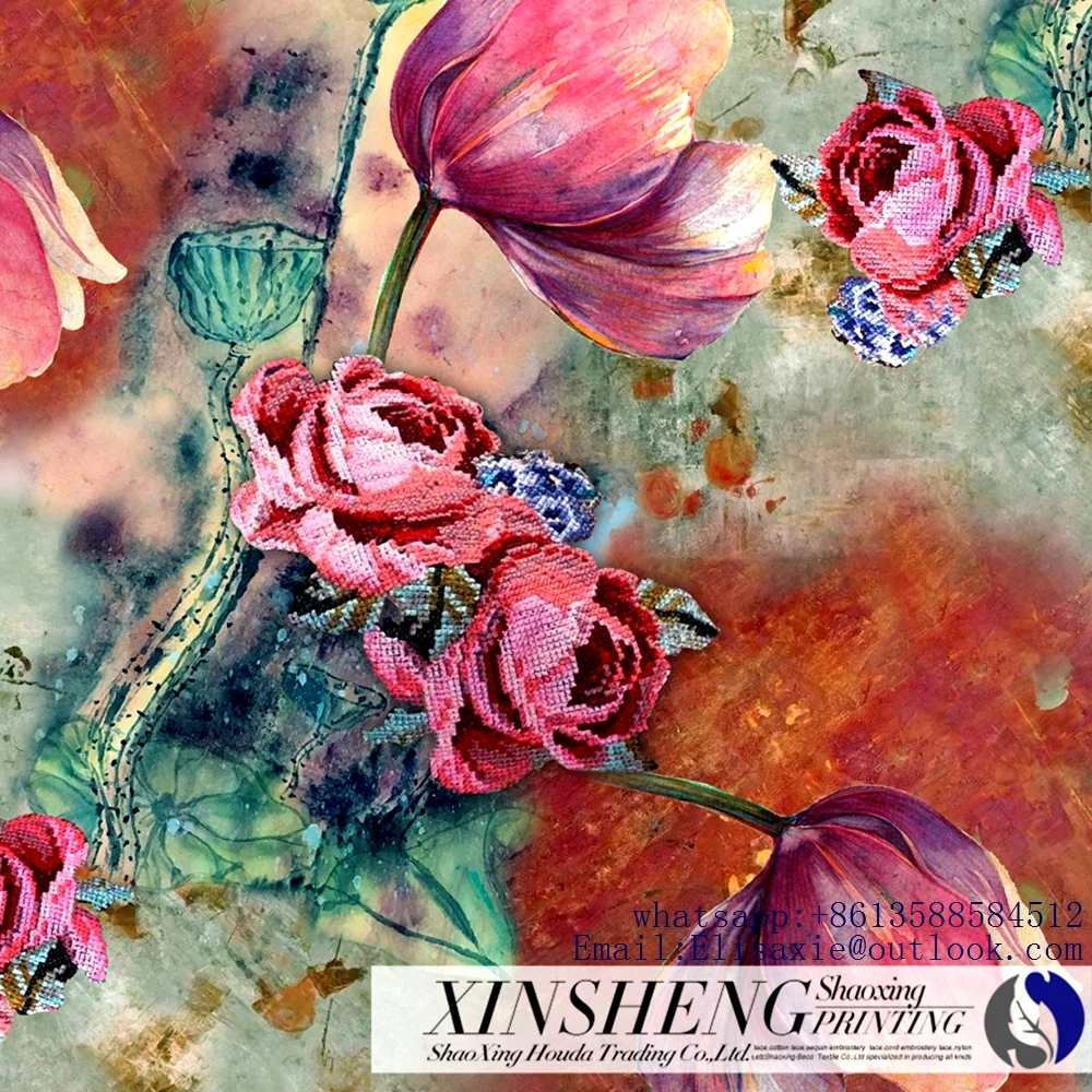 Factory can directly customize Digital printing 75D crepe, chiffon flower puzzle, fashion silk printed clothing fabric